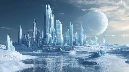 Wall Mural - Futuristic city on alien frozen planet, generative ai illustration. Alien Ice Palaces. Illustration