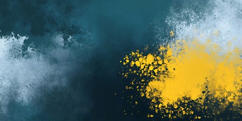 Poster - Abstract grunge background with yellow and white splashing paint on dark teal background, creating a textured and artistic design