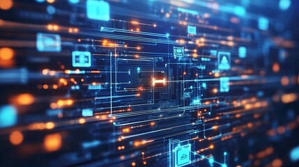 Poster - Abstract Digital Network Technology Background Futuristic Blue Orange Glow Lines Circuit Board Data Stream Innovation Modern Technology Digital Art   