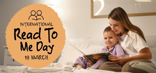 Poster - Mother reading story to her little son in bedroom. Banner for International Read to Me Day