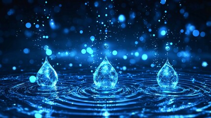 Poster - Abstract Blue Water Drops Digital Art Network Technology Background Image Modern Design Futuristic Style Elegant Clean Ripple Effect Three Drops      