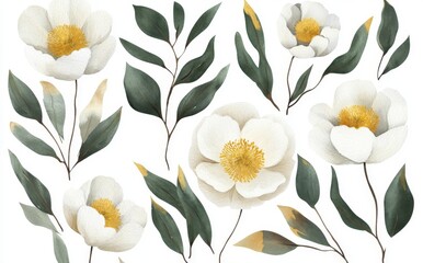 Wall Mural - A watercolor botanical illustration featuring peonies, roses, a collection of garden white flowers, green leaves, and branches, isolated on a white background