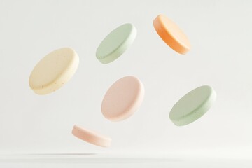 Poster - Colored tablets float gracefully against a clean background in a creative display of product design