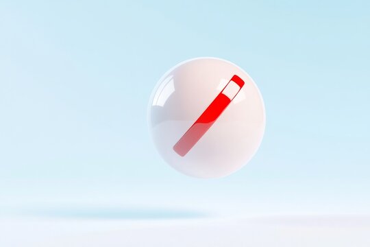 Floating white sphere with red stripe against a light blue background in modern design setting