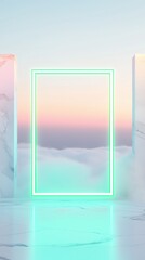Poster -  floating neon green square frame resting in a marble room above the clouds at sunset