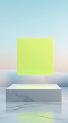 Poster - empty marble podium with floating neon green square on sky background, perfect for showcasing product