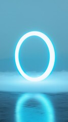 Poster - glowing neon cyan ring hovering above a water surface reflecting the light with fog and a blue background
