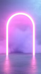 Poster - Vibrant neon archway glows, casting a soft purple light across a modern, minimalist room
