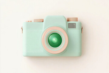 Poster - A flat design camera features a mint green body with a large, round lens and simple buttons