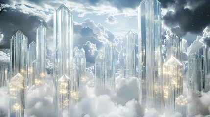 Wall Mural - Dreamy urban scene with towering glass skyscrapers surrounded by soft clouds, blending surreal elements and city architecture. ai generative. Ethereal Glass Cities. Illustration