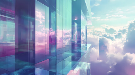 Wall Mural - Reflections of the sky in a modern glass building creating a surreal perspective of urban architecture. generative ai. Ethereal Glass Cities. Illustration