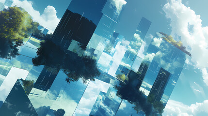 Wall Mural - Reflections of the sky in a modern glass building creating a surreal perspective of urban architecture. generative ai. Ethereal Glass Cities. Illustration