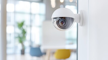 Poster - White security camera capturing footage of a bright, blurred contemporary office meeting room, enhancing monitoring and safety measures