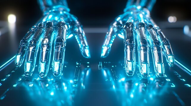 Robotic hands in focus, typing on a computer, futuristic screen glow, close-up detail, symbolizing AI workforce replacement, digital art