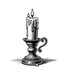 Wall Mural - single candle with a holder engraving black and white outline