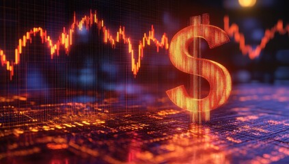 Poster - Abstract financial design featuring glowing dollar symbol and trading graph with dynamic lines depicting market fluctuations and digital data visualization