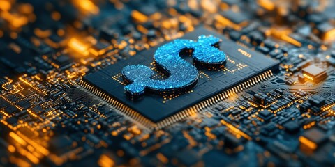Poster - Abstract representation of financial technology with a glowing blue dollar symbol on a circuit board background showcasing modern digital finance concepts