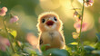 © Ahmed - Fluffy baby chick with open beak among soft pink and green flowers in sunlight, joyful spring scene