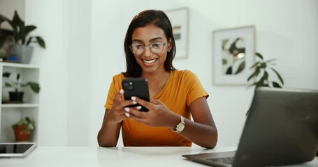 Aufkleber - Happy, creative and woman with smartphone, home and reading of feedback from competition, writer and online. House, freelancer and Indian person with mobile for writing contest, browsing and email