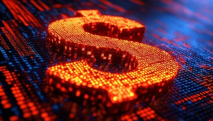Poster - Bright Neon Dollar Sign with Digital Background Representing Money, Finance, Wealth, Investment, and Cryptocurrency Concepts in a Modern Abstract Style