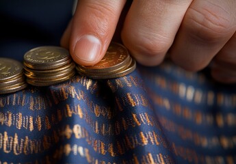 Poster - Close-Up of a Hand Placing Coins on a Textured Fabric Surface with Shimmering Patterns and Deep Color Tones for Financial Themes and Concepts