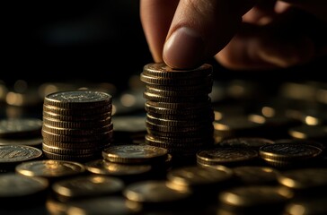 Aufkleber - close-up of a hand stacking coins on a dark reflective surface with scattered coins in the backgroun