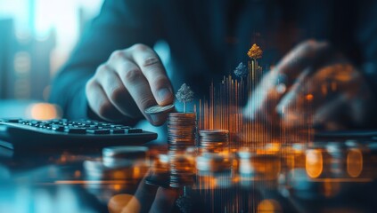 Poster - Close-Up of Hand Placing Coin on Stacked Coins with Financial Graph Overlay Representing Growth and Investment Concepts in a Modern Workspace