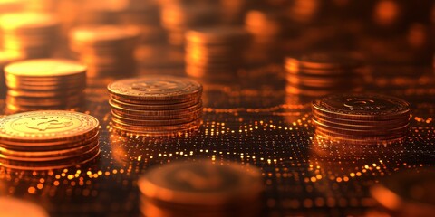 Poster - Close-up View of Stacked Coins with Glowing Light in an Abstract Digital Environment for Financial and Investment Concepts