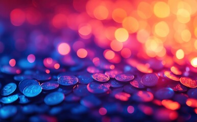 Poster - Colorful Bokeh Background with Coins in Crepuscular Light Effect, Creating a Dreamy and Abstract Atmosphere for Financial Themes and Concepts