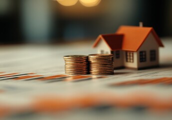 Poster - Conceptual image showcasing miniature house and stacks of coins symbolizing investment, savings, and real estate opportunities in a blurred background