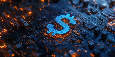 Aufkleber - Digital Circuit Board with Glowing Dollar Sign in Blue and Orange Colors, Representing Finance and Technology Innovation in Modern Economy