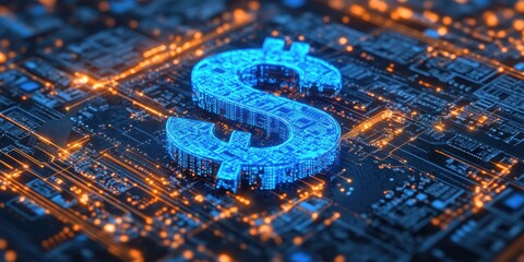 Poster - Digital dollar symbol illuminated by vibrant neon lights with a backdrop of circuit board technology showcasing electronic transactions and cryptocurrency innovations