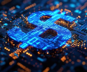 Poster - Digital Dollar Symbol Overlaid on Circuit Board Representation Showing Technology and Finance Integration in Modern Economy