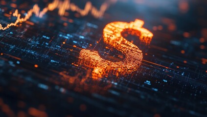 Poster - Digital Dollar Symbol Surrounded by Data Streams and Financial Graphs Representing Modern Currency and Economic Trends in a Tech-Driven Environment