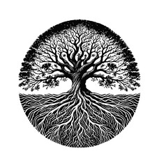 Wall Mural - tree with sprawling branches and deep, intricate root engraving black and white outline