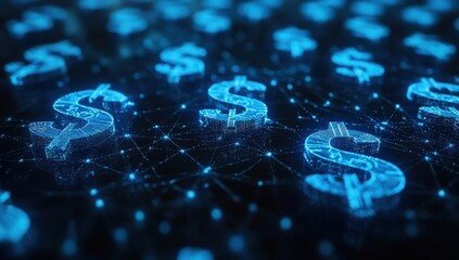 Aufkleber - Digital dollar symbols in a futuristic network, representing finance, economy, and technology in a vibrant blue neon style, connected by glowing lines and nodes.