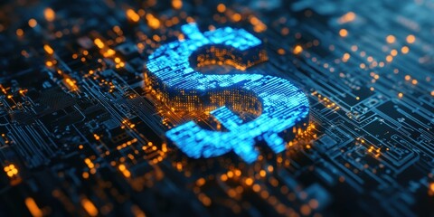 Aufkleber - Digital finance concept showcasing glowing dollar sign on a futuristic circuit board background, representing modern technology and cryptocurrency trends