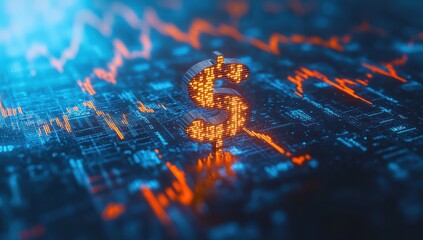 Poster - Digital representation of dollar sign on abstract financial chart background showcasing trading trends and price fluctuations in a modern financial environment