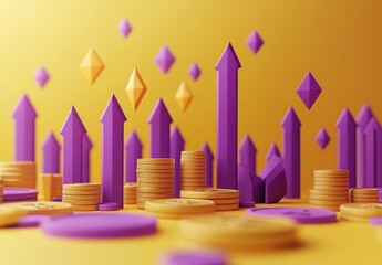 Poster - Dynamic Visualization of Growth with Yellow Background Featuring Purple Arrows and Coins Representing Financial Success and Progress in a Conceptual Style