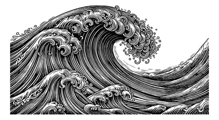 Wall Mural - ocean wave engraving black and white outline