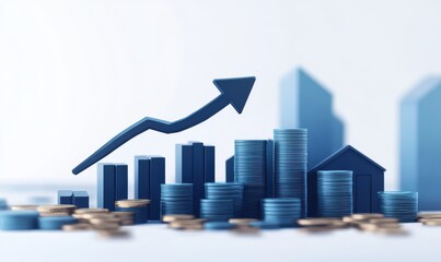 Poster - Financial growth concept with blue graphs and coins representing profit, investment, and market trends in a modern business environment