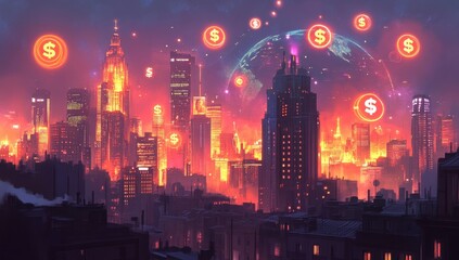 Poster - Futuristic City Skyline at Dusk with Glowing Dollar Signs and Digital Elements Against a Backdrop of an Earth-Like Planet in Vibrant Colors