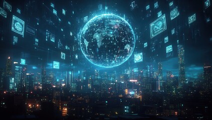 Poster - Futuristic Digital Cityscape with Glowing Earth and Data Overlays, Representing Technology, Innovation, and Global Connectivity in a Neon Environment