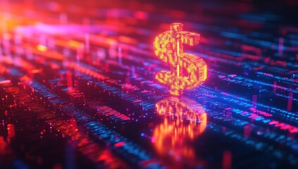 Poster - Futuristic digital dollar symbol illuminated with vibrant colors, representing financial technology and modern economic concepts in a virtual setting