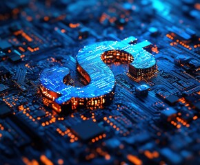 Poster - Futuristic Digital Currency Concept Featuring Dollar Symbol Over Circuit Board with Glowing Lights and High-Tech Aesthetic for Financial Technology Themes