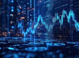 Poster - Futuristic Financial Data Visualization with Digital Graphs and Charts in a Blue Themed Modern City Environment