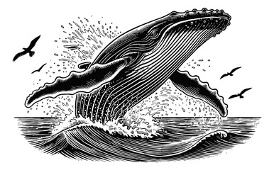 Wall Mural - humpback whale breaching from the water engraving black and white outline