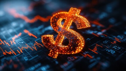 Poster - Glittering dollar symbol overlaid on financial market data with stock charts and graphs showcasing economic growth and investment opportunities
