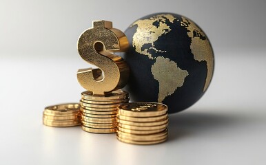 Poster - Global Economic Growth Concept Featuring Dollar Sign and Gold Coins Surrounding Earth Globe on Soft Focus Background