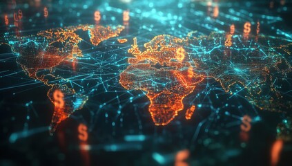 Poster - Global Network Visualization with Money Symbols and Digital Connections Representing Trade, Finance, and Global Economy